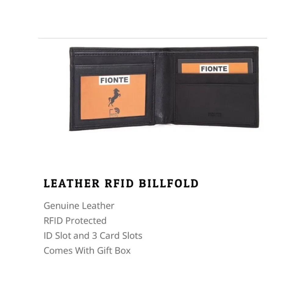 FIONTE RFID Black Men’s Genuine Leather Protected Billfold Bifold Wallet